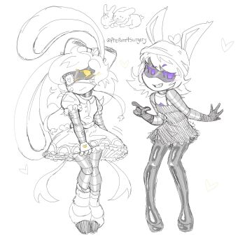animal_ears bandages cyn_(murder_drones) dress frilled_dress frills gaiters glitch_productions highres latex latex_legwear murder_drones prepare4surgery rabbit_ears sketch uzi_(murder_drones)