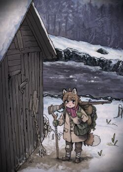 1girl :< absurdres aged_down animal_ears backpack bag bolt_action brown_eyes brown_hair cane child commentary english_commentary fox_ears fox_girl fox_girl_(yihan_world) fox_tail green_mittens gun highres jacket mittens original outdoors pants patchwork_clothes pond ponytail rifle scarf shed short_ponytail snow solo standing tail toggles weapon yihan_world
