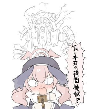 &lt;|&gt;_&lt;|&gt; 1girl beret black_hat black_shirt black_wings blue_archive blush card character_request chibi feathered_wings hat head_wings holding holding_card koharu_(blue_archive) long_hair long_sleeves low_twintails miranofuudoria nose_blush off_shoulder open_mouth pink_hair puffy_long_sleeves puffy_sleeves sailor_collar school_uniform serafuku shirt simple_background sleeves_past_wrists smoke translation_request twintails wavy_mouth white_background white_sailor_collar wings