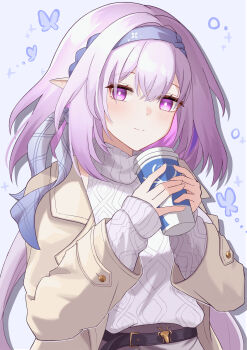 1girl absurdres belt bright_pupils bug butterfly castorice_(honkai:_star_rail) castorice_(luckin_coffee)_(honkai:_star_rail) commentary_request cup disposable_coffee_cup disposable_cup headband highres holding honkai:_star_rail honkai_(series) insect jacket light_blush light_smile long_hair mako_(cvyt5325) multicolored_hair official_alternate_costume open_clothes open_jacket pointy_ears purple_eyes purple_hair ribbon simple_background streaked_hair sweater turtleneck turtleneck_sweater very_long_hair