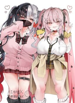 2girls black_bow black_hair black_mask black_nails black_scrunchie black_socks blush bow breasts brown_cardigan brown_eyes cardigan cardigan_around_waist cellphone chest_bow choker cleavage clothes_around_waist fingernails gyaru hair_ornament hairclip heart heart_hair_ornament heart_o-ring heart_pendant heterochromia holding holding_phone huge_breasts ichigo_moka knees_together_feet_apart long_fingernails long_hair long_twintails loose_socks mask miniskirt mouth_mask multicolored_hair multiple_girls necktie o-ring o-ring_thigh_strap open_mouth original pendant_choker phone piercing pink_cardigan pink_hair plaid_clothes plaid_skirt red_choker red_eyes red_skirt school_uniform scrunchie shirt skindentation skirt sleeves_past_wrists smartphone smile socks standing thick_thighs thigh_gap thigh_strap thighs tongue tongue_piercing twintails two-tone_hair very_long_hair watermark white_background white_hair white_shirt white_socks wrist_scrunchie yellow_scrunchie yellow_skirt