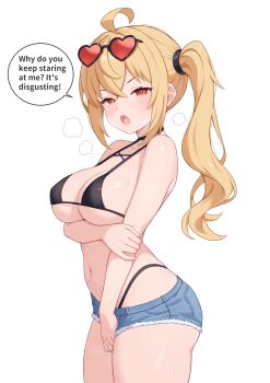 1girl alternate_breast_size_(larger) alternate_language blonde_hair blue_shorts breasts cleavage english_text eyewear_on_head heart heart-shaped_eyewear highres looking_at_viewer luciana_de_montefio medium_breasts navel open_mouth red_eyes short_shorts shorts side_ponytail simple_background solo speech_bubble sunglasses swimsuit thighs tsubame_tien white_background zenless_zone_zero
