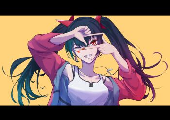 1girl absurdres black_hair breasts commentary english_commentary facial_mark finger_frame grin hair_between_eyes hands_up highres jacket karan_koron100 letterboxed long_sleeves looking_at_viewer medium_breasts one_eye_closed open_clothes open_jacket original red_eyes red_jacket shirt simple_background sleeveless sleeveless_shirt smile solo star_(symbol) star_facial_mark twintails upper_body white_shirt yellow_background