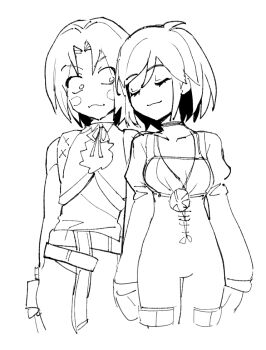 Rule 34 | 1boy, 1girl, breasts, closed eyes, constricted pupils, final fantasy, final fantasy ix, garnet til alexandros xvii, gloves, highres, jewelry, large breasts, legs, monochrome, necklace, nervous, pants, short hair, sketch, smile, square enix, thighs, wide-eyed, zidane tribal