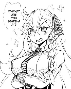 ahoge blush bow braid breasts collar commentary crossed_arms earrings english_commentary fang fate/grand_order fate_(series) gat0w hair_between_eyes hair_bow highres huge_breasts jewelry necktie olga_marie_animusphere olga_marie_animusphere_(unbeast) wrist_cuffs