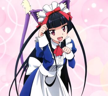 Rule 34 | 1girl, animal ears, apron, black hair, breasts, cat ears, cat tail, fake ears, fake tail, gate - jieitai ka no chi nite kaku tatakaeri, highres, hime cut, lips, long hair, long sleeves, looking at viewer, maid, maid headdress, nose, official art, open mouth, pink background, red eyes, ribbon, rory mercury, simple background, small breasts, smile, solo, standing, tail, third-party source, upper body, white ribbon