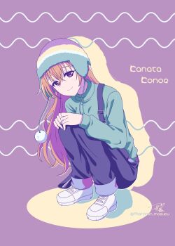 1girl beanie brown_hair character_name closed_mouth commentary_request drop_shadow earflap_beanie green_sweater hair_between_eyes hat highres konoe_kanata long_hair long_sleeves looking_at_viewer love_live! love_live!_nijigasaki_high_school_idol_club pants pom_pom_(clothes) pom_pom_beanie purple_background purple_eyes ric._(marchen_mozuku) shoes signature smile sneakers solo squatting sweater twitter_username white_shoes