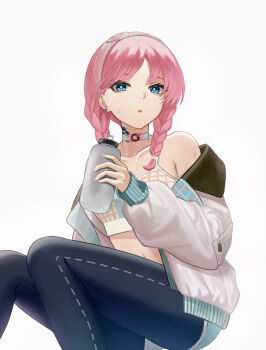 1girl :o absurdres arknights bad_id bad_pixiv_id bare_shoulders black_leggings blue_poison_(arknights) blue_poison_(shoal_beat)_(arknights) bottle braid choker collarbone earrings eyebrows_hidden_by_hair feet_out_of_frame hairband highres holding holding_bottle invisible_chair jacket jewelry kit leggings leggings_under_shorts long_hair long_sleeves off_shoulder official_alternate_costume open_clothes open_jacket pantyhose parted_bangs parted_lips pink_choker pink_hair pink_hairband short_shorts shorts simple_background sitting solo sports_bra stud_earrings sweat twin_braids white_background white_jacket