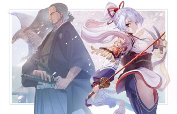 1boy 1girl aora battoujutsu_stance beard bird blue_hakama breasts closed_eyes detached_sleeves facial_hair fate/grand_order fate_(series) fighting_stance grey_hair hakama hakama_pants haori hawk highres holding holding_sword holding_weapon japanese_clothes katana kikkoumon kimono large_breasts long_hair long_sleeves looking_at_viewer menuki obi old old_man pants parody ponytail ready_to_draw red_eyes revision sash sheath sheathed short_hair short_kimono side_slit smile style_parody sword takeuchi_takashi_(style) tomoe_gozen_(fate) tomoe_gozen_(first_ascension)_(fate) wakizashi weapon white_hair white_kimono wide_sleeves yagyuu_munenori_(fate)