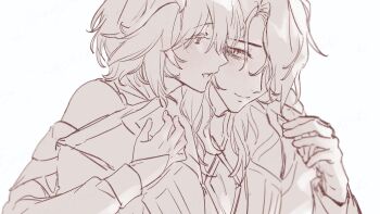 1boy 1girl behind_another blush closed_mouth coat curtained_hair eyelashes genshin_impact hair_over_one_eye hand_on_another&#039;s_hand hands_on_another&#039;s_shoulders highres lapels long_sleeves looking_at_another nagisa2017mine open_mouth rerir_(genshin_impact) sepia short_hair sideways_mouth single_bare_shoulder single_hair_intake smile tholindis_(genshin_impact) white_background