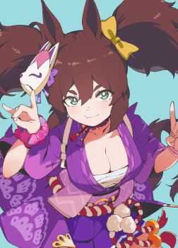 1girl animal_ears archives.gokulism blue_background blue_eyes blush bow breasts brown_hair chest_sarashi cleavage closed_mouth fang fox_mask fox_shadow_puppet green_eyes hair_between_eyes highres horse_ears horse_girl horse_tail inari_one_(inari_yukari_edomurasaki)_(umamusume) inari_one_(umamusume) japanese_clothes kimono kouhaku_nawa large_breasts long_hair looking_at_viewer mask mask_on_head purple_kimono rope sarashi scrunchie shimenawa simple_background skin_fang smile solo tail twintails umamusume wrist_scrunchie