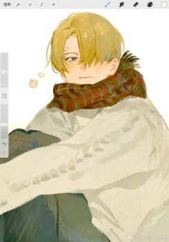 1boy art_program_in_frame black_pants blonde_hair blue_eyes blush cable_knit closed_mouth curly_eyebrows hair_over_one_eye highres long_sleeves looking_to_the_side lucis0407 male_focus one_eye_covered one_piece pants parted_hair sanji_(one_piece) scarf short_hair sideways_glance solo sweater white_background white_sweater