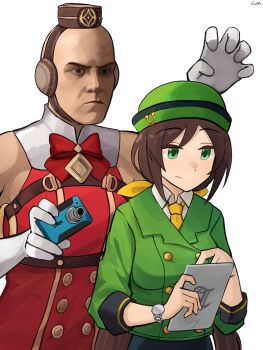 absurdres agent_47 armband bald bowler_hat bridle brown_hat camera dress ear_covers formal_clothes gamryous gloves gold_ship_(red_strife)_(umamusume) gold_ship_(umamusume) green_hat green_jacket hat hayakawa_tazuna highres hitman_(game) horseshoe_hat_ornament horseshoe_ornament jacket necktie pillbox_hat red_dress skirt skirt_suit sleeveless sleeveless_dress split_ponytail striped_armband striped_clothes suit tablet_pc umamusume watch white_gloves yellow_necktie