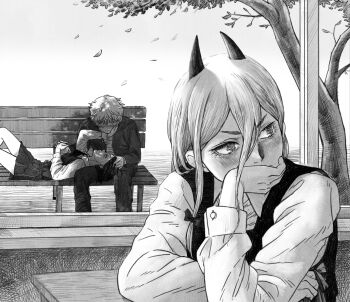 black_coat black_dress blush chainsaw_man closed_mouth coat commentary couple covering_own_mouth cross_in_eye demon_girl demon_horns denji_(chainsaw_man) dress elbow_rest falling_leaves feet_out_of_frame greyscale hair_between_eyes hand_on_another's_face hand_over_own_mouth horns indoors jealous kkyong155426 lap_pillow leaf long_hair long_sleeves looking_to_the_side lying monochrome nose_blush on_back power_(chainsaw_man) reze_(chainsaw_man) shirt short_hair sitting tree turning_head upper_body white_background white_hair white_shirt window