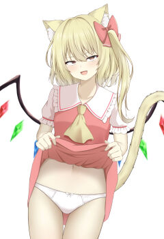Rule 34 | 1girl, :d, animal ear fluff, animal ears, ascot, blonde hair, blush, bow, cat ears, cat girl, cat tail, clothes lift, commentary request, cowboy shot, crystal wings, eyelashes, fang, flandre scarlet, frilled shirt collar, frills, hair between eyes, hair bow, half-closed eyes, hands up, highres, kemonomimi mode, lifting own clothes, looking at viewer, medium hair, naughty face, navel, no headwear, one side up, open mouth, paid reward available, panties, puffy short sleeves, puffy sleeves, red bow, red eyes, red skirt, red vest, shirt, short sleeves, simple background, skirt, skirt lift, smile, solo, straight hair, szl, tail, tail raised, thigh gap, touhou, tsurime, underwear, upturned eyes, vest, white background, white panties, white shirt, wings, yellow ascot, yellow tail