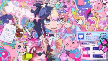 1girl ^_^ absurdly_detailed_composition ame-chan_(needy_girl_overdose) bird black_eyes black_hair black_nails blue_eyes blue_hair blue_nails bow cat cellphone chouzetsusaikawa_tenshi-chan closed_eyes collarbone commentary_request controller cursor dreamcast_controller dual_persona emoji eyes_visible_through_hair folder game_controller glitch hair_bow hair_ornament heart highres like_and_retweet long_sleeves looking_at_viewer multicolored_hair multicolored_nails nail_polish needy_girl_overdose open_mouth phone pill pink_hair pink_nails pixel_heart pixelated pixels pleading_face_emoji pot quad_tails red_nails sailor_collar school_uniform shiba_inu silver_hair smartphone smile sparkle speech_bubble sunglasses suspenders syringe terada_tera transformation twitter upper_body urn v v_over_eye window_(computing) x_hair_ornament yellow_nails