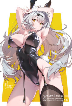 1girl alternate_costume animal_ears armpits arms_up black_leotard breasts brown_thighhighs cleavage fake_animal_ears fake_tail grey_hair hair_ornament hairclip highleg highleg_leotard highres hong_(white_spider) large_breasts leotard long_hair looking_at_viewer mole mole_on_breast playboy_bunny rabbit_ears rabbit_tail single_thighhigh solo tail thighhighs yellow_eyes yixuan_(zenless_zone_zero) zenless_zone_zero