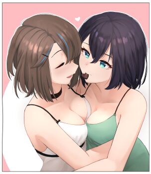 2girls absurdres aqua_eyes black_choker black_hair border bow_camisole breasts bright_pupils brown_hair camisole candy chocolate chocolate_heart choker cleavage closed_eyes closed_mouth collarbone couple fav_faris food food_in_mouth green_camisole hair_ornament hairclip heart heart-shaped_food highres hug large_breasts long_bangs looking_at_another medium_hair multicolored_hair multiple_girls mutual_hug open_mouth original parted_bangs short_hair smile streaked_hair two-tone_background white_border white_camisole white_pupils yuri