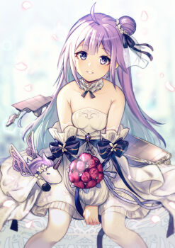 1girl :d ahoge azur_lane bare_shoulders blurry bouquet choker collarbone commentary_request depth_of_field detached_sleeves dress earrings flight_deck flower hair_bun highres jewelry long_hair looking_at_viewer machinery one_side_up open_mouth petals puffy_sleeves purple_eyes purple_hair red_flower red_rose rose side_bun single_hair_bun single_side_bun sitting smile solo unicorn_(a_dream_of_pure_vows)_(azur_lane) unicorn_(azur_lane) wedding_dress white_dress white_legwear winged_unicorn yoruhachi