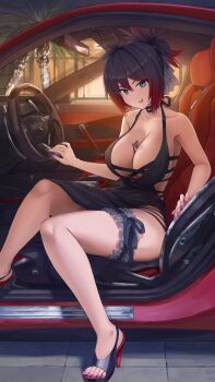 1girl bare_shoulders between_breasts black_dress black_hair blue_eyes breasts car car_interior cleavage closed_mouth collarbone commentary_request commission dress feet frilled_thigh_strap gradient_hair hair_between_eyes head_tilt high_heels highres kamo_ashi legs looking_at_viewer medium_hair motor_vehicle multicolored_hair nail_polish on_car open-toe_shoes original outdoors purple_hair purple_nails red_car red_hair side_slit sidelocks sitting skeb_commission smile solo spiked_hair steering_wheel thigh_strap thighs tile_floor tiles toenail_polish toenails toes tongue tongue_out window windshield