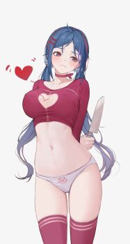 10_plus 1girl arms_behind_back blue_eyes blue_hair blush breasts choker cleavage_cutout closed_mouth clothing_cutout collarbone commentary_request covered_erect_nipples crazy_mita_(miside) fang hair_ornament hairband hairclip heart heart-shaped_pupils heart_cutout highres holding holding_knife knife large_breasts long_hair looking_to_the_side low_twintails miside mita_(miside) navel panties print_panties red_choker red_hairband red_shirt red_thighhighs shirt simple_background skin_fang skindentation solo symbol-shaped_pupils thighhighs twintails underwear white_background white_panties