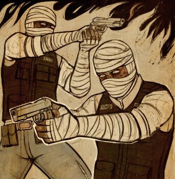 Rule 34 | 1boy, aiming, bandaged arm, bandaged head, bandages, belt, belt pouch, blue eyes, blue pants, brown belt, bulletproof vest, burn scar, commentary, constricted pupils, cowboy shot, denim, dots (dotssu), english commentary, fallout, fallout: new vegas, finger on trigger, fire, gun, handgun, highres, holding, holding gun, holding weapon, jeans, joshua graham, looking ahead, m1911, male focus, multiple views, outstretched arms, pants, pouch, scar, scar on face, shirt, short sleeves, standing, trigger discipline, upper body, weapon, white shirt