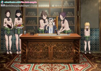 1boy 5girls barefoot black_hair blonde_hair bottle braid braided_ponytail breasts brown_hair closed_eyes collar cuffs desk flat_chest food fruit full_body indoors inkwell jamil_(magi) loli magi_the_labyrinth_of_magic massage medium_breasts multiple_girls nipples remake scroll shackles sitting slave slave_clothes standing the_dark_mangaka topless_female wine_bottle