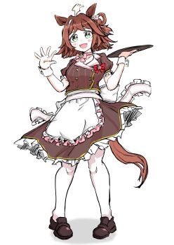 1girl absurdres ahoge animal_ears apron blush breasts brown_hair commentary_request green_eyes hair_between_eyes hair_ornament highres holding holding_tray horse_ears horse_girl horse_tail looking_at_viewer medium_breasts open_mouth pantyhose rhein_kraft_(umamusume) solo standing tail tikusen1216 tray umamusume waving white_background