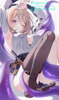 1girl absurdres armpits arms_up asymmetrical_shorts beret black_hat blonde_hair blush breasts button_gap commentary_request detached_sleeves feet hat high-waist_shorts highres jujube_2513 large_breasts looking_at_viewer mole mole_under_mouth one_eye_closed parted_lips purple_eyes purple_nails shirt shirt_tucked_in short_hair shorts single_thighhigh solo suction_cups tentacle_girl tentacle_tail thighhighs toes twitter_username watermark white_background white_shirt white_sleeves yidhari_murphy zenless_zone_zero