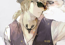 Rule 34 | 1boy, axis powers hetalia, blonde hair, blue vest, buttons, character request, cigarette, closed mouth, collared shirt, commentary request, dated, embers, hand on headwear, hat, holding, holding cigarette, jewelry, light frown, long hair, long sleeves, looking at viewer, low ponytail, male focus, mouth hold, necklace, nineo, shirt, short ponytail, simple background, smoke, smoking, solo, sunglasses, upper body, vest, white background, white hat, white shirt, white sleeves