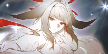 1girl 2bmm2 animal_ears bare_shoulders breasts hair_intakes hair_ornament hairband highres long_hair official_alternate_design official_alternate_hair_color open_mouth parted_lips red_eyes solo underboob upper_body white_hair white_hairband ye_shunguang zenless_zone_zero