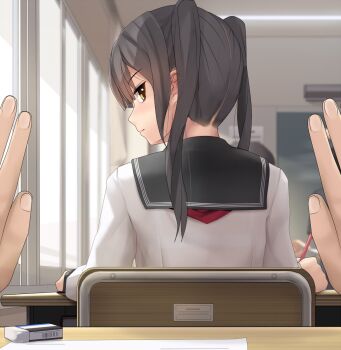 1girl 2boys apologizing bag black_hair black_skirt blurry blush bra bra_strap brown_eyes chair chalkboard classroom commentary_request depth_of_field desk eraser eto eto_(ikumika) from_behind highres indoors long_hair looking_at_viewer md5_mismatch multiple_boys original school school_bag school_chair school_uniform serafuku sitting skirt solo_focus teacher teacher_and_student twintails underwear
