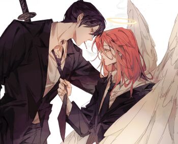 2boys absurdres angel angel_devil_(chainsaw_man) angel_wings black_hair black_necktie black_pants chainsaw_man cigarette closed_mouth clothes_grab collared_shirt earrings from_side hair_between_eyes halo hashtag-only_commentary hayakawa_aki height_difference highres jacket jewelry long_hair male_focus mouth_hold multiple_boys necktie necktie_grab neckwear_grab pants raynaartz shirt shirt_tucked_in short_hair simple_background smoking suit_jacket traditional_halo weapon weapon_on_back white_background white_shirt white_wings wings yaoi
