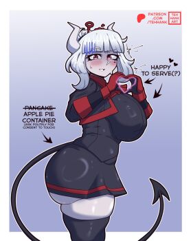 1girl arrow_(symbol) ass black_shirt black_skirt black_thighhighs blunt_bangs blush breasts commentary cowboy_shot demon_girl demon_horns demon_tail english_commentary evil_container_(meme) gloves heart heart_hands heart_in_heart_hands helltaker highres horns huge_breasts long_sleeves looking_at_viewer lucifer_(helltaker) medium_hair meme mole mole_under_eye pale_skin pink_eyes raised_eyebrow red_gloves shirt skindentation skirt smile solo sweat tail tehhank thighhighs white_hair
