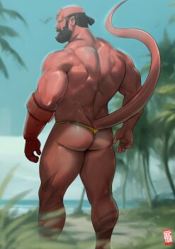 1boy 2023 back_muscles bara beard black_hair blurry blurry_background connected_beard demon_boy demon_tail doctor_anfelo facial_hair full_beard hellboy hellboy_(comic) highres island male_swimwear muscular muscular_male palm_tree pointy_ears signature tail tree yellow_male_swimwear