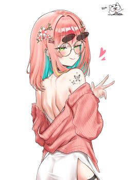 Rule 34 | 1girl, ass, blush, butterfly tattoo, cardigan, cardigan partially removed, closed mouth, colored inner hair, commentary, cowboy shot, dress, earrings, flower, green eyes, hair flower, hair ornament, hairclip, hanako nana, hand up, heart, highres, ice bear, jewelry, looking back, median furrow, multicolored hair, parallel hairclips, pink cardigan, pink flower, pink hair, round eyewear, shoulder blades, shoulder tattoo, simple background, smile, solo, standing, stellive, streaked hair, symbol-only commentary, tattoo, turning head, virtual youtuber, white background, white dress