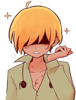 Rule 34 | 1boy, ahoge, arm at side, blonde hair, blush, clenched teeth, closed mouth, collarbone, collared shirt, commentary request, covered eyes, dark-skinned male, dark skin, facing viewer, frown, green shirt, hair over eyes, hand up, headphones, headphones around neck, highres, long sleeves, male focus, mikhael (omori), omori, partially unbuttoned, puffy long sleeves, puffy sleeves, shaded face, shirt, short hair, simple background, solo, sparkle, sparse chest hair, straight-on, sweat, teeth, upper body, white background, yu kuli