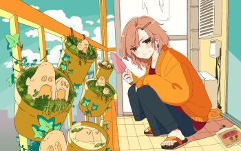 1girl black_pants black_sandals blush_stickers brown_eyes brown_hair closed_mouth cloud commentary_request day frown full_body highres holding holding_shovel long_sleeves looking_at_viewer notamaru_2 orange_sweater original pants sandals short_hair shovel solo squatting sweater v-shaped_eyebrows veranda