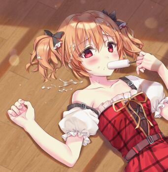 1girl belt black_belt black_bow blush bow breasts brown_hair clenched_hand collarbone commentary_request cowboy_shot cum cum_on_hair dress dutch_angle fingernails food food_in_mouth frilled_bow frilled_dress frilled_sleeves frills grisaia_(series) grisaia_no_kajitsu hair_between_eyes hair_bow hands_up highres holding holding_food holding_popsicle indoors irisu_makina linnaiaaa lying on_back on_floor plaid_clothes plaid_dress popsicle popsicle_in_mouth puffy_short_sleeves puffy_sleeves red_dress red_eyes ribbon short_hair short_sleeves single_bare_shoulder small_breasts solo twintails window_shadow wooden_floor yellow_ribbon