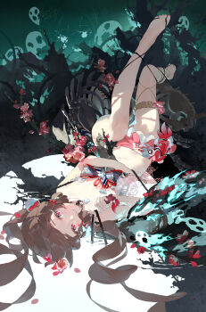 1girl absurdres bare_legs bare_shoulders barefoot bodhi_wushushenghua bone bow breasts chinese_clothes flaming_eye flaming_mouth flower garter_belt ghost hair_in_own_mouth highres koi legs_up light_smile long_eyelashes looking_at_viewer lying midriff nail_polish on_back original plant red_eyes red_flower skeleton small_breasts smoke thighs thorns tree_stump vines yin_yang
