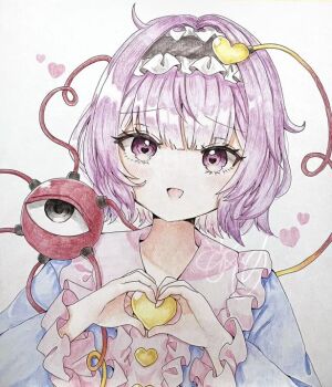 1girl ahoge black_hairband blue_shirt blush buttons center_frills commentary_request frilled_hairband frilled_shirt_collar frilled_sleeves frills hairband heart heart-shaped_pupils heart_button heart_hands jaku_sono komeiji_satori long_sleeves looking_at_viewer open_mouth purple_eyes purple_hair shirt short_hair simple_background solo symbol-shaped_pupils third_eye touhou white_background