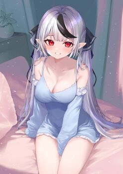 1girl arm_at_side arm_between_legs black_hair blue_dress blunt_bangs breasts cleavage collarbone commentary_request cowboy_shot detached_sleeves double-parted_bangs dress earrings floating_earrings grin hand_rest happy highres indie_virtual_youtuber indoors jewelry large_breasts legs_together light_blush light_particles long_hair looking_at_viewer multicolored_hair neco_meito nightgown on_bed pillow plant pointy_ears potted_plant red_eyes second-party_source sitting sleepwear sleeves_past_wrists smile solo spaghetti_strap streaked_hair twintails very_long_hair white_hair