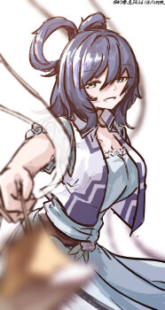 1girl absurdres artist_name blue_dress blue_hair breasts chinese_commentary cleavage commentary_request dress green_eyes hagoromo hair_rings highres holding holding_stick kaku_seiga looking_at_viewer one-hour_drawing_challenge puffy_short_sleeves puffy_sleeves shawl short_sleeves solo stick touhou ve1024 vest white_background white_vest