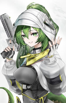 Rule 34 | 1girl, arknights, arknights: endfield, black bodysuit, bodysuit, breasts, commentary request, fingerless gloves, fluorite (arknights), from side, gloves, green eyes, green hair, grin, gun, handgun, highres, holding, holding gun, holding weapon, hood, hood up, hooded shrug, large breasts, long sleeves, looking at viewer, looking to the side, shrug (clothing), simple background, smile, snake girl, snake tail, solo, tail, twitter username, upper body, weapon, white background, white gloves, white shrug, yokaze (yokajie)