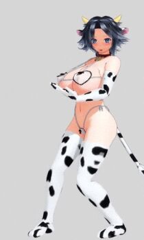 3d animal_ears animal_print animated animated_gif black_hair bouncing_breasts bra breasts cow_ears cow_horns cow_print dancing elbow_gloves gloves horns huge_breasts lowres short_hair smile solo source_request tail underboob underwear