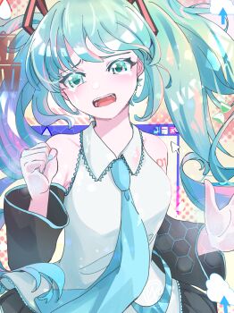 1girl black_skirt black_sleeves blue_eyes blue_hair collared_shirt crying cursor detached_sleeves hair_ornament hatsune_miku highres icon_(computing) long_hair nagatsuki necktie number_tattoo open_mouth shirt skirt tattoo tears twintails very_long_hair vocaloid white_shirt