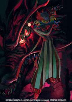 1boy black_nails blue_hair caster_(fate/samurai_remnant) copyright_notice covered_mouth dragon eastern_dragon familiar fate/samurai_remnant fate_(series) full_body gradient_hair highres japanese_clothes kimono looking_at_viewer male_focus mask mouth_mask multicolored_hair official_art promotional_art red_eyes red_hair robe second-party_source shoes short_hair solo standing wataru_rei