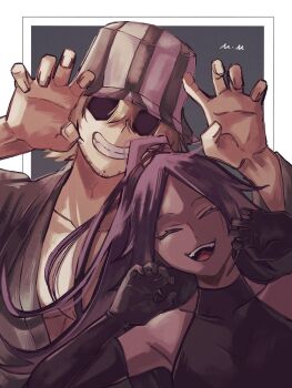 1boy 1girl :3 black_hair bleach blonde_hair bodysuit commentary_request fish_hat happy highres long_hair mmsb_551 paw_pose ponytail shaded_face shihouin_yoruichi smile urahara_kisuke