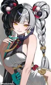 1girl aqua_nails artist_name bare_shoulders black_hair braid breasts commentary dialyn_(zenless_zone_zero) earrings fingernails hair_ornament hairclip helloimtea highres jewelry long_hair looking_at_viewer medium_breasts multicolored_hair multicolored_nails nail_polish paid_reward_available parted_lips red_nails side_slit simple_background smile split-color_hair twin_braids two-tone_hair very_long_hair white_background white_hair yellow_eyes zenless_zone_zero