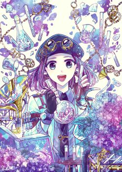 1girl :d absurdres analogous_colors aqua_eyes black_gloves black_hat black_necktie blue_nails blue_shirt bob_cut book bracelet newsboy_cap cable chain collared_shirt crystal diamond_(gemstone) earrings facing_viewer fingerless_gloves flask flower gear_hat_ornament gears gloves goggles goggles_on_headwear hat hat_ornament highres holding holding_flask holding_test_tube hydrangea jacket jewelry kuh_tapiru looking_at_object nail_polish necktie open_book open_mouth original parted_bangs phonograph pinky_out pinstripe_pattern pinstripe_shirt pouring purple_hair round-bottom_flask shards shirt short_hair sleeve_garter smile solo splatter_background straight-on test_tube test_tube_holster test_tube_rack tie_clip tube upper_body white_background white_jacket